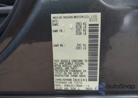 2022 Nissan Altima Sv Fwd z USA, uszkodzony, nr VIN 1N4BL4DV6NN364341